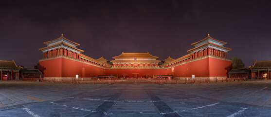 Panoramic view of the Meridian Gate in Forbidden City at night, in Beijing, China