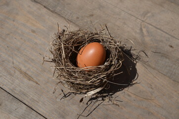 Easter egg in a coiled nest on a wooden background.