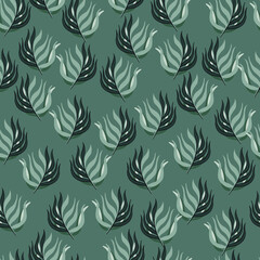 Botanic nature seamless doodle pattern with simple leaf branches print. Turquoise pale background.