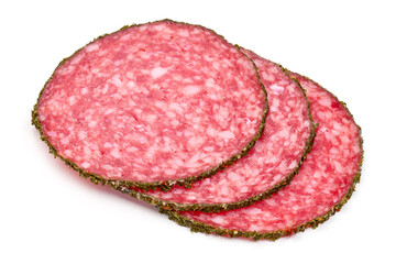 Salami sausage slices, isolated on white background. High resolution image