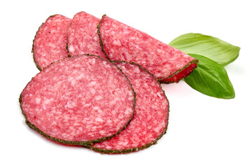 Salami sausage slices, isolated on white background. High resolution image