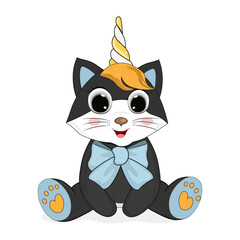 Cute cartoon cat-unicorn baby boy vector illustration. Perfect for cards, party invitations, posters, stickers, kids clothing.