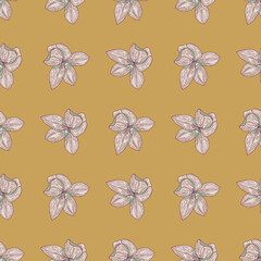 Grey orchid flowers seamless hand drawn nature pattern. Beige background. Simple style.