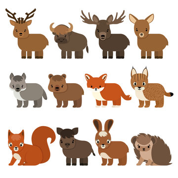 Set of cartoon animals of the forest and taiga, flat style. Vector isolated illustration on white background. Deer, fallow deer, bison moose, wolf, bear, fox, lynx, squirrel, wild boar, hare, hedgehog