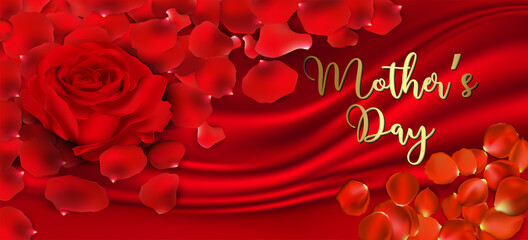 card or banner on Mother's Day in gold with around the red flower petals a red rose on a draped red background