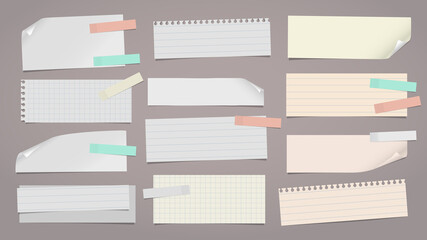 Set of torn yellow, white note, notebook paper pieces with sticky tape stuck on dark grey background. Vector illustration