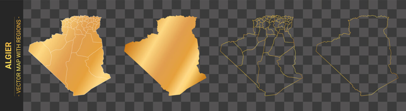 set of 4 gold political maps of Algier with regions isolated on transparent background	
