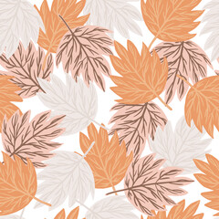 Seamless pattern autumn leaves on white background. Template maple leaf in scandinavian style.