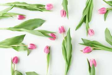 spring flat lay with tulips on table