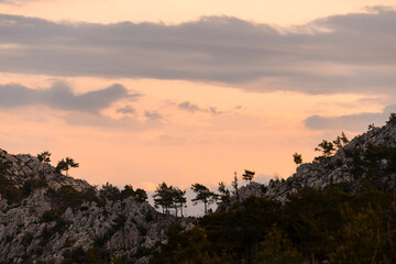 Obraz premium Beautiful view of rocky mountain peaks with trees and clouds in sky during vibrant sunrise.