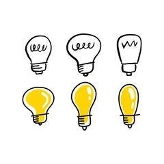 Light bulb doodle collection. Hand drawn simple electric lamps, symbols of ideas, solutions, innovation and creativity.