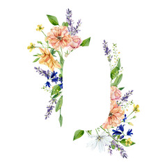 Watercolor wild floral frame. Mystical Bohemian design peony, lavander, chrysanthemum wildflowers. Bright wild flowers romantic card, wedding invintation, bridal shower, baby shower.