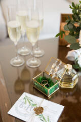 Close up of transparent green box for wedding rings