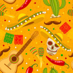 Cinco de Mayo seamless pattern with traditional mexican sombrero, perforated paper flags, maracas and other. Hand drawn festive pattern on yellow background. Vector illustration. 