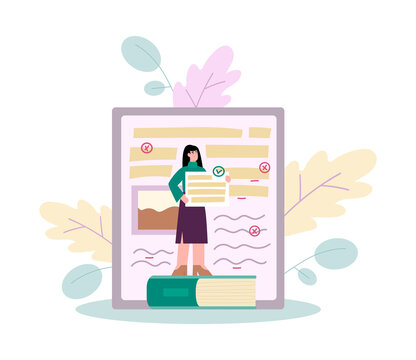 Woman Makes Text Revision Or Grammar Editing, Flat Vector Illustration Isolated.