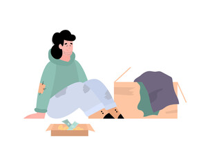 Homeless poor man with box for alms, flat cartoon vector illustration isolated.