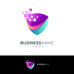 Vector logo of shield with pixel motion shape