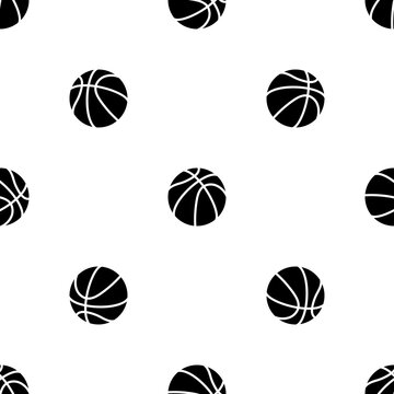 Seamless Pattern Of Repeated Black Basketball Symbols. Elements Are Evenly Spaced And Some Are Rotated. Vector Illustration On White Background