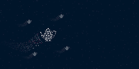 Fototapeta na wymiar A teapot filled with dots flies through the stars leaving a trail behind. Four small symbols around. Empty space for text on the right. Vector illustration on dark blue background with stars