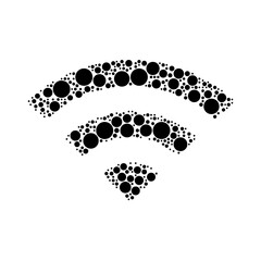 A large wifi symbol in the center made in pointillism style. The center symbol is filled with black circles of various sizes. Vector illustration on white background