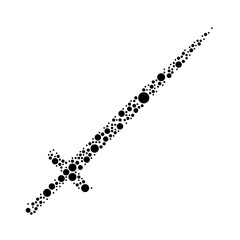 A large sword symbol in the center made in pointillism style. The center symbol is filled with black circles of various sizes. Vector illustration on white background