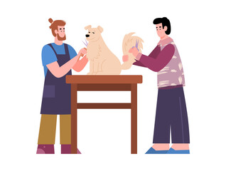 Groomers care to pet dog in grooming animal salon a vector illustration.