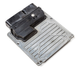 Plastic car engine control unit with metal elements on a white isolated background is the...