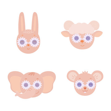 A set of funny animal faces with glasses.The head of a hare, a lamb, an elephant and a mouse. Vector illustration isolated on a white background for design and prints.