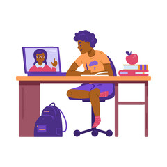 Cute boy having online lesson with teacher flat vector illustration isolated.