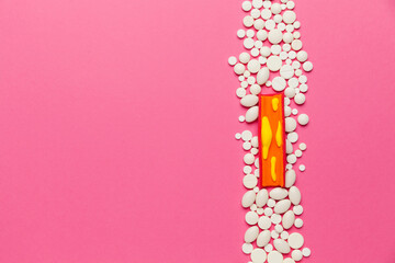 Cholesterol plaques in blood vessels on pink background. Organ model. Copy space for text.