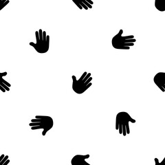 Seamless pattern of repeated black hands. Elements are evenly spaced and some are rotated. Vector illustration on white background