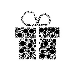 A large gift symbol in the center made in pointillism style. The center symbol is filled with black circles of various sizes. Vector illustration on white background