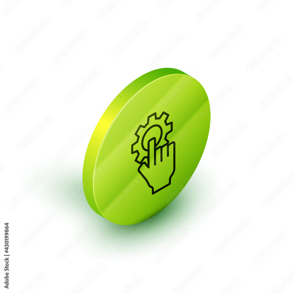 Poster isometric line settings in the hand icon isolated on white background. green circle button. vector