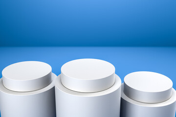Round product display podium. Minimal white geometric shape stage scene on blue background. 3d rendering.
