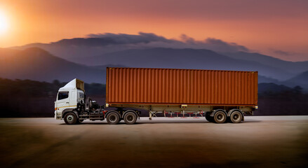 Cargo truck with heavy container speed on high way road to delivery logistic business with mountain...