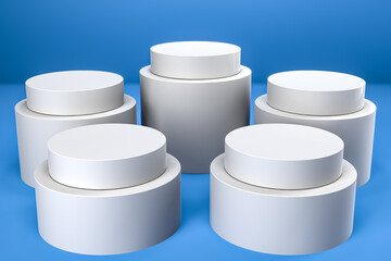 Round product display podium. Minimal white geometric shape stage scene on blue background. 3d rendering.