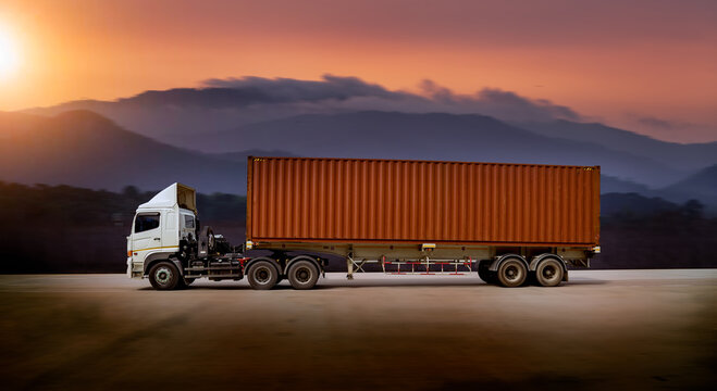 Cargo truck with heavy container speed on high way road to delivery logistic business with mountain and sun sky background.
