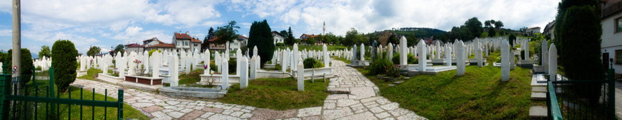 Panoramic view of the martyrs graveyard surrounded by buildings destroyed in the 1990s conflict....
