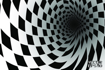 Abstract Black and White Pattern with Tunnel. Contrasty Optical Psychedelic Illusion. Smooth Spiral Chessboard. Vector. 3D Illustration