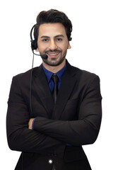 Handsome Telemarketer Guy in Black Suit Folded His Arms with Confidence