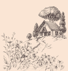 Fototapeta na wymiar Small wooden house on a hill landscape