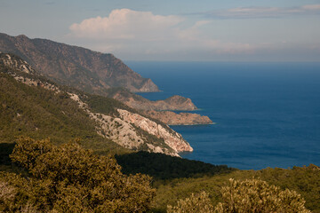 Fototapeta na wymiar Great scenery of bay and mountains. Mediterranean sea coast. Nature of Turkey.