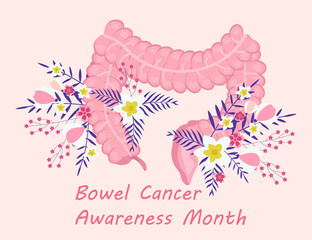 Bowel cancer awareness month concept vector. Medical event is observed in April. Human intestine on boho floral background. Tropical flowers and leaves