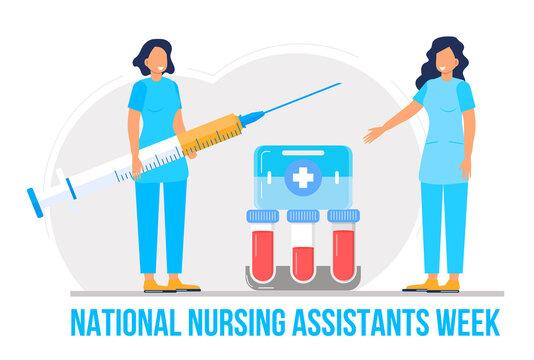 National Nursing assistants week is celebrated in June in the USA. Medical nurse is standing with stethoscope on the blue background. Lettering is thank you. Health care banner, poster concept
