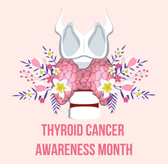 Thyroid cancer awareness month concept vector. Medical event is observed in September. Hypothyroidism concept vector for app, web. Thyroid on boho tropical leaves, flower, floral