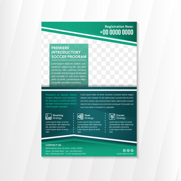Soccer program flyer design template use vertical layout. multicolored green gradient background combined with white color. Rectangle shape for space of photo collage.
