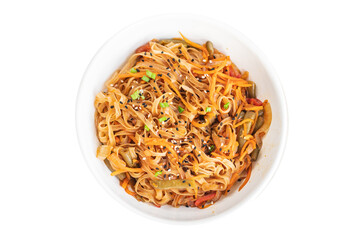 rice noodles wok vegetables soy sauce soup pho, pho bo pad thai funchose vegan or vegetarian food trend meal snack copy space food background rustic. top view