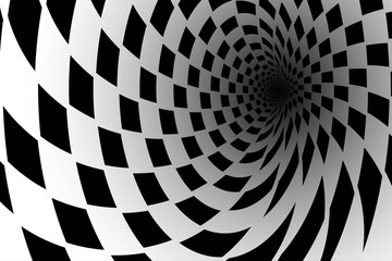 Abstract Black and White Pattern with Tunnel. Contrasty Optical Psychedelic Illusion. Smooth Spiral Chessboard. Raster. 3D Illustration