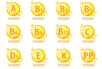 Vitamin A, B1, B2, B5, B6, B9, B12, C, D3, E, K1, PP. 3d icons set. Gelatin capsules. Vitamin complex. The concept of a healthy lifestyle, nutrition. Collection of round signs. Vector illustration.
