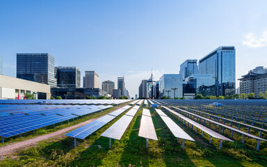 City and photovoltaic panel combined with landscape
